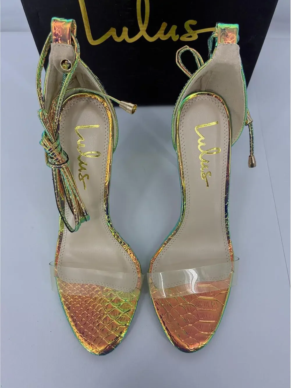 Lulus Ledah Hologram Snake High Heel Sandals with Clear Strap Size 6.5 M